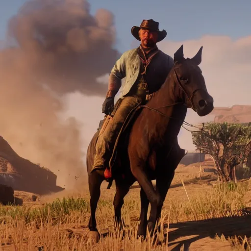 Image similar to barney dinosaur in red dead redemption 2