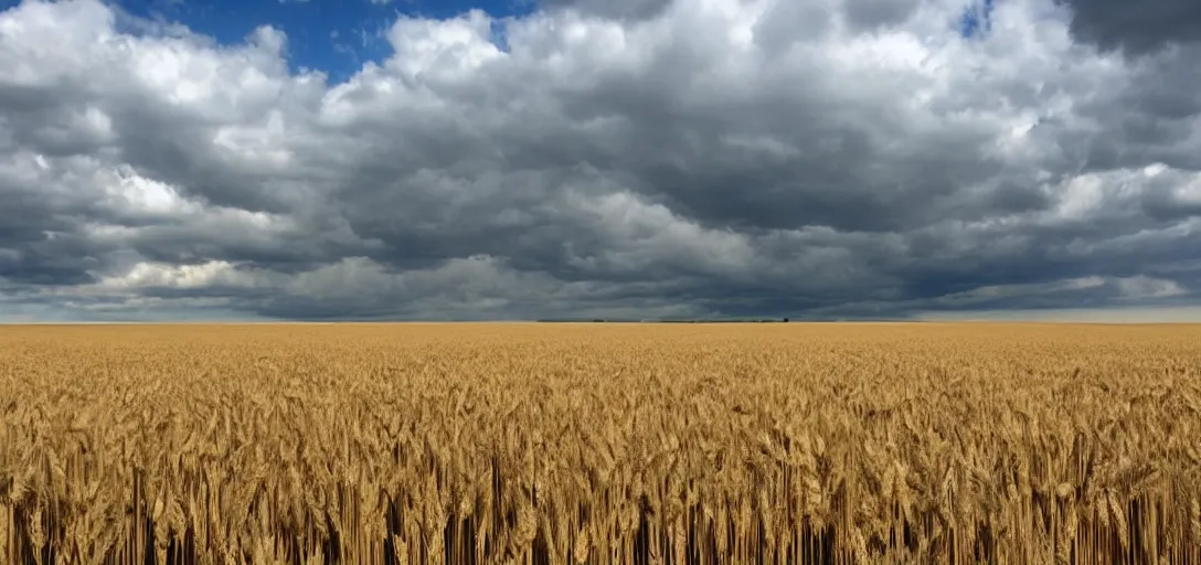 Prompt: field of wheat, massive dam in the distance!!! clouds in the sky!!