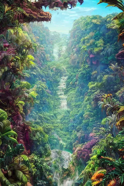 Image similar to aerial view of a colorful jungle with rivers and waterfalls, by artgerm, tom bagshaw, gerald brom, vaporwave colors, lo - fi colors, vaporwave, lo - fi, moody vibe, goth vibe, full body, rendered by substance designer, cel shading, toon shading, smooth,