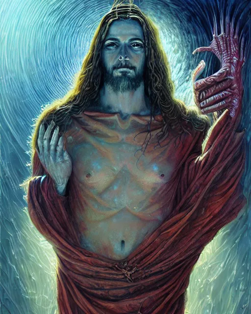 Image similar to jesus christ, by antonio j. manzanedo, giger, alex grey, android jones, wayne barlowe, philippe druillet, raymond swanland, cyril rolando, josephine wall, harumi hironaka, trending on artstation