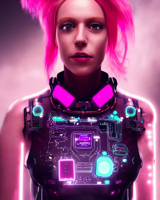 Image similar to portrait of a beautiful australian woman with pink hair as a cyberpunk cyborg half robot, revealing wires and electronics, sci - fi, missing panels, intricate abstract upper body intricate artwork, concept art, octane render, deviantart, cinematic, key art, hyperrealism, iridescent accents, portrait photograph, nikon 3 5 mm, photograph by greg rutkowski