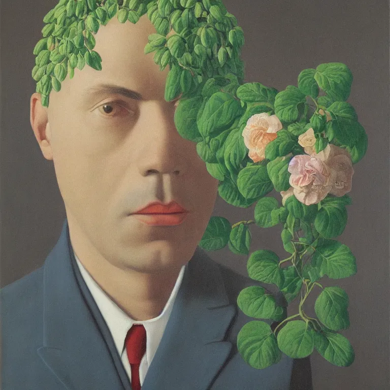 Image similar to portrait of a man, beautiful flowers are growing as his head, by rene magritte, detailed painting, hd, hq, high resolution, high detail, 4 k, 8 k