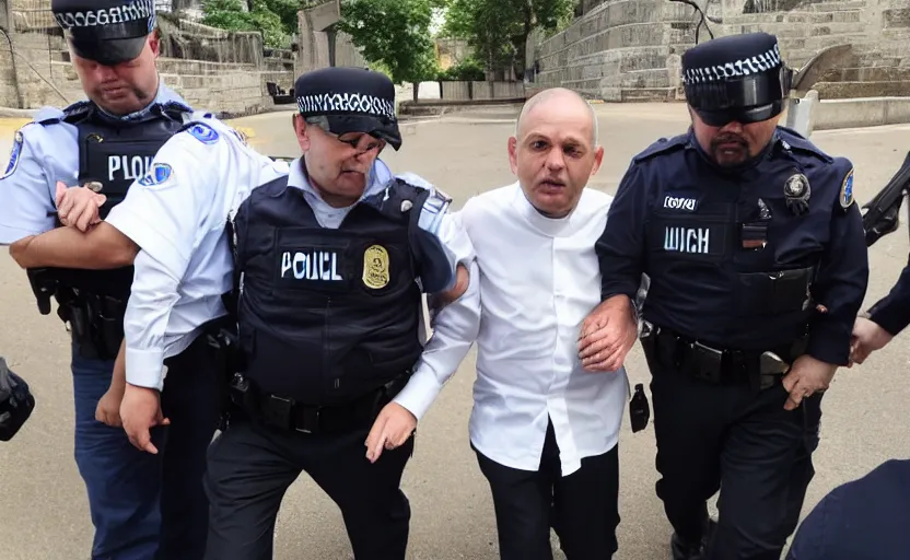 Image similar to photography of priest detained by police, flash shot, arrested and handcuffed