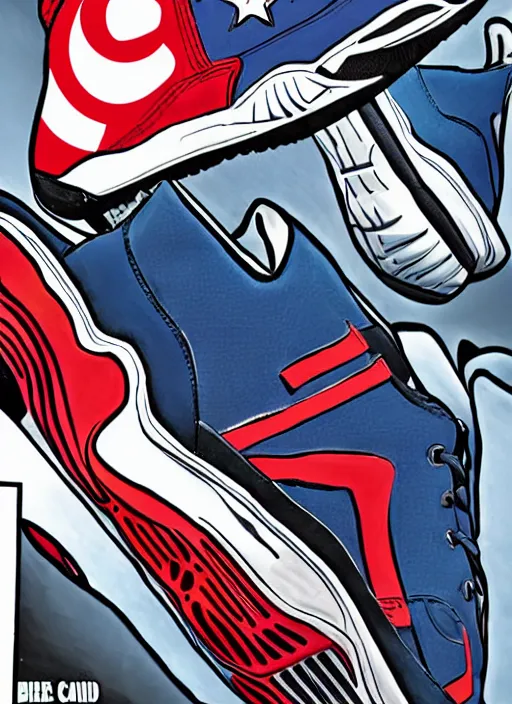 Prompt: basketball sneaker of Captain America, view from the side, comics book cover style