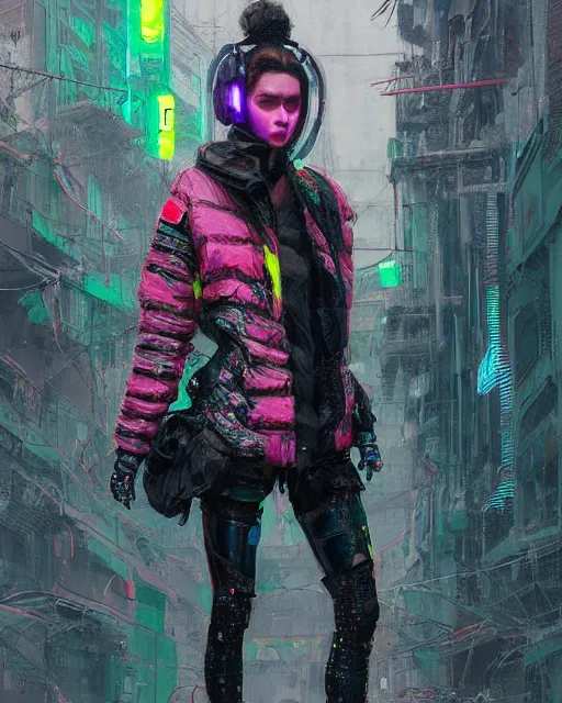 Image similar to detailed portrait Neon guard girl with short dark hair seen from the back, cyberpunk futuristic, reflective puffer jacket, black leggings, decorated with traditional ornaments in front of a dystopian crowd with piles of garbage by Ismail inceoglu dragan bibin hans thoma, Perfect face, fine details, realistic shaded, fine-face, pretty face