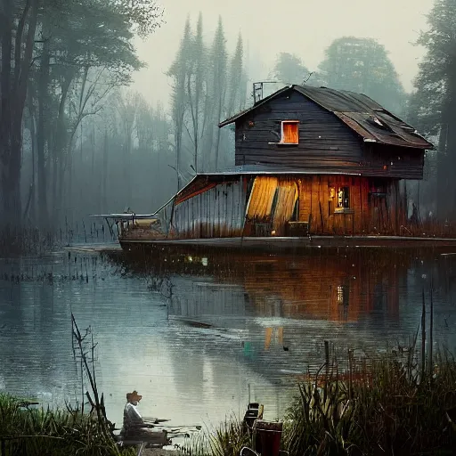 Image similar to movie scene of a old wooden dock and bait and tackle shack on a very misty day, greg rutkowski, loish, rhads, ferdinand knab, makoto shinkai and lois van baarle, artgerm, ian mcque, pixar, ilya kuvshinov, rossdraws, tom bagshaw, global illumination