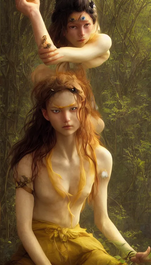 Prompt: epic masterpiece [rincess mononoke, drama, sweaty skin, hyperrealistic, octane render, cinematic, beautiful face and flawless skin, perfect hands, 5 fingers, yellow by Edgar Maxence and Ross Tran and Michael Whelan and Lorenzo Sperlonga, Brom, Legends of Runeterra