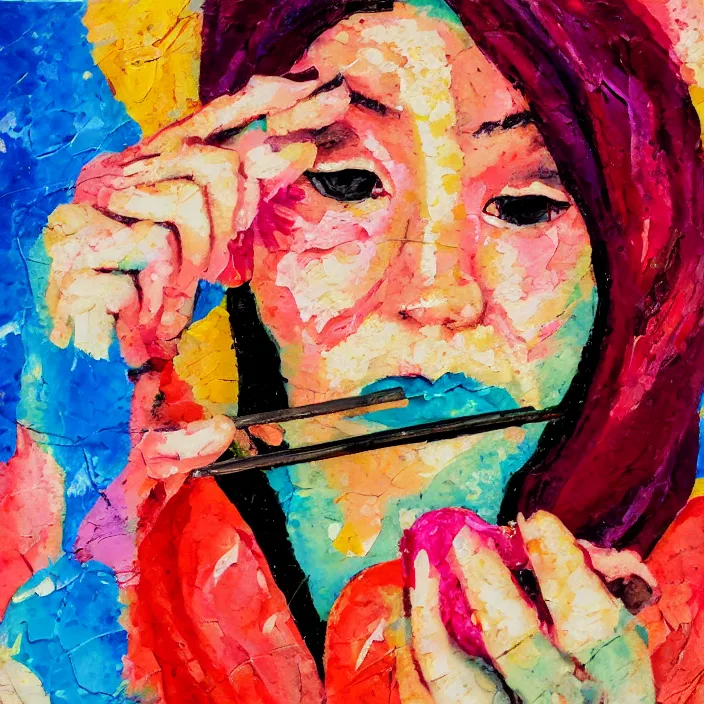 Image similar to portrait of beautiful woman eating sushi painted with colorful gouache impasto