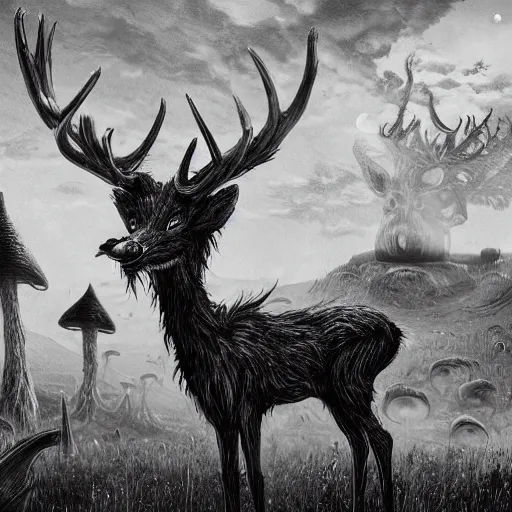 Image similar to 4 k headshot portrait of a psychedelic demonic anthropomorphic deer - horned wendigo smoking a hand - rolled cigarette smoking heavily, magic mushroom village in background. award winning. superb resolution. in the art style of junji ito and greg rutkowski. detailed mushroom city in background. hyper realistic anime. perfect art. dalle 2