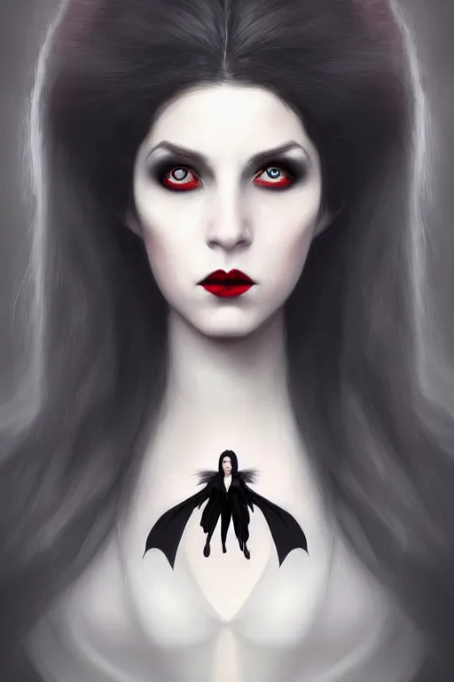 Prompt: a photorealistically painted portrait of lady vampire, dressed in a suit, perfectly symmetric face!!!, beautiful eyes!!, digital painting, concept art, minimal artifacts, volumetric lighting, Artgerm and William-Adolphe Bouguerea, in the style of Tom Bagshaw, trending on Artstation, award winning art
