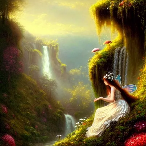 Image similar to highly detailed, an elegant fairy in a white lace dress sitting a in a enchanted scenery landscape, vast lush valley flowers and mushroom, waterfall, stream, sunrise, vivid color, soft clouds, cinematic lighting, perfect composition, 8 k, gustave dore, derek zabrocki, greg rutkowski, belsinski,