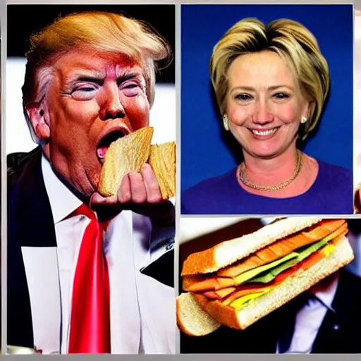 Prompt: donald trump eating a sandwich made with a picture of hilary clinton. he's reading a book of poetry written by a terrorist.