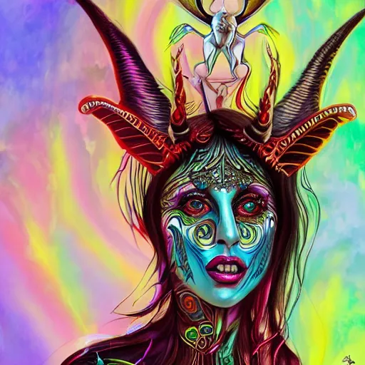 Prompt: an extremely psychedelic portrait of lady gaga as baphomet, surreal, lsd, face, detailed, intricate, elegant, lithe, highly detailed, digital painting, artstation, concept art, smooth, sharp focus, illustration,