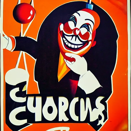 Prompt: poster advertising a circus, printed poster, creepy clown, 1 9 4 0 circus poster