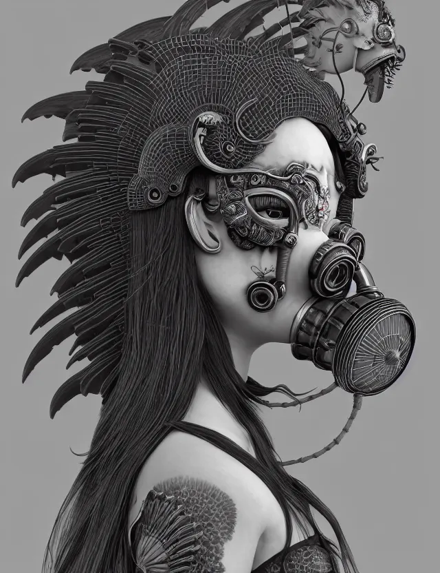 Image similar to 3 d goddess close - up profile punk portrait with vintage gas mask ram skull. beautiful intricately detailed japanese crow kitsune mask and clasical japanese kimono. betta fish, jellyfish phoenix, bio luminescent, plasma, ice, water, wind, creature, artwork by tooth wu and wlop and beeple and greg rutkowski