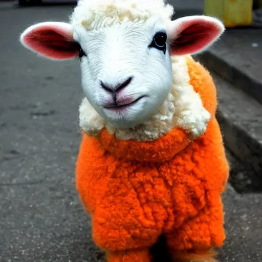 Image similar to cute baby sheep wearing orange inmate clothes