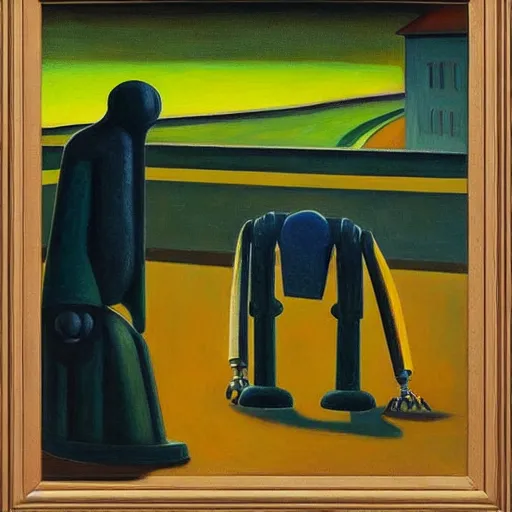 Image similar to robots prostrate jum ah, grant wood, pj crook, edward hopper, oil on canvas