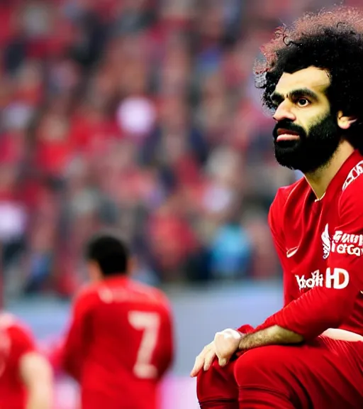 Image similar to A beautiful photo of Mo Salah the king sitting on his throne, award winning photography, sigma 85mm Lens F/1.4, perfect faces, cinematic shot, photorealistic, 8k