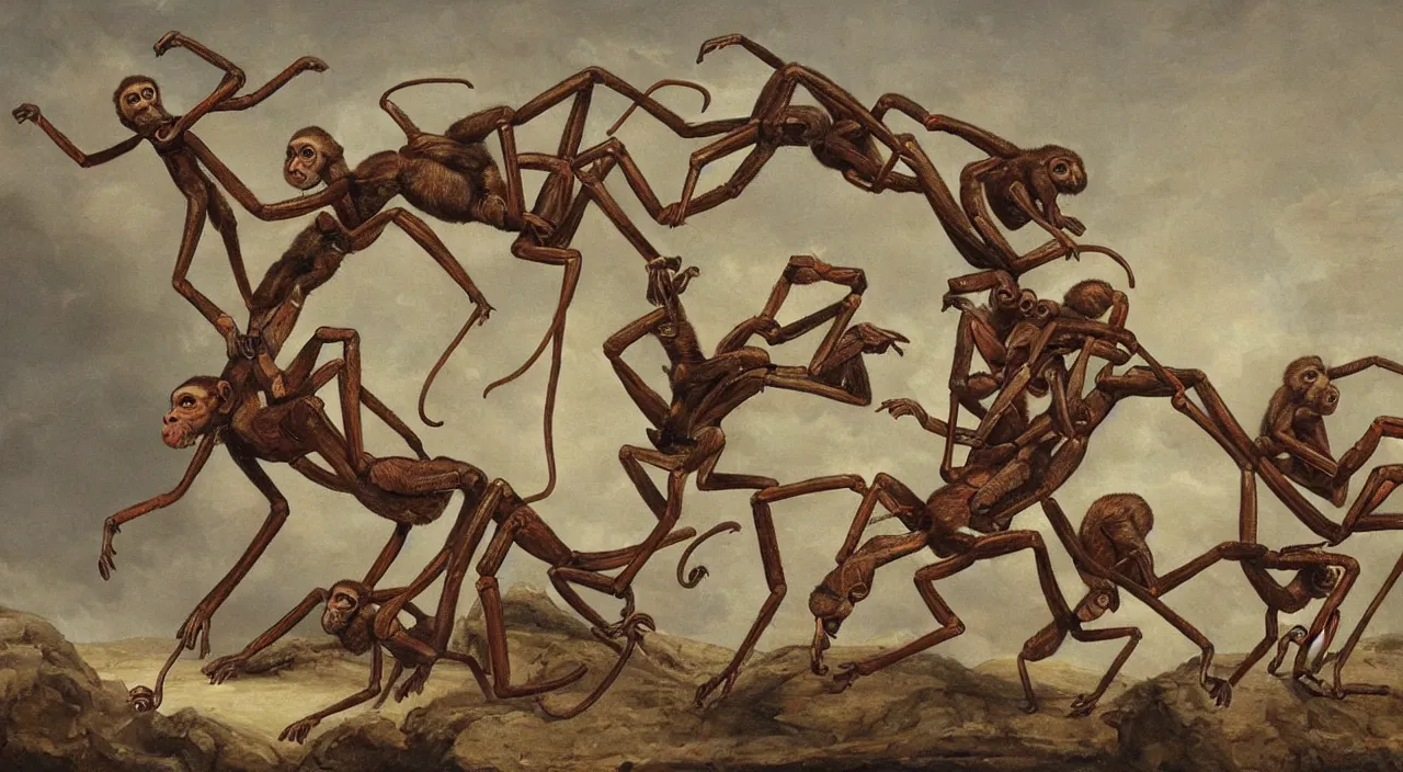 Image similar to 7 monkeys riding giant biomechanics ants, by most renowned artist of the romanticism, hiperrealism,