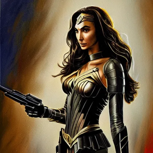 Prompt: a detailed and complex, highly detailed, concept art, depicting gal gadot in military uniform. painting by dmitri moor