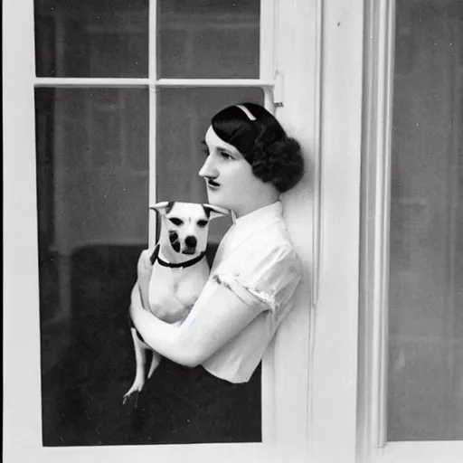 Prompt: a vintage snapshot from the 1 9 2 0 s shows a lady with her dog, a jack russell terrier, outside an open window. she wears a fancy white shirt with a big bowtie, along with a dark - colored skirt. she wore her wristwatch over the cuff of her blouse in the manner of gianni agnelli.