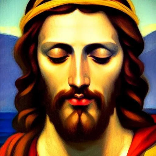 Prompt: A beautiful close-up of Christ with the crown of thorns, digital art by Edward Hopper, vibrant color scheme, highly detailed, in the style of romanticism, fine Art, high detail, great lighting, 8k resolution, masterpiece, concept art, illustration, clear eyes, soft lighting, soft details, painting oil on canvas, octane render, HDR, trending on artstation, 4k, 8k, HD