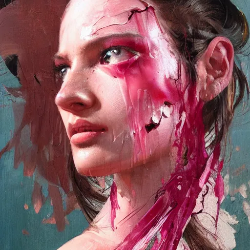 Image similar to greg manchess portrait painting of an female survivor in a bloody pink t shirt, goddess, wet flowing hair, bandage nose, shiny wet skin, medium shot, asymmetrical, profile picture, organic painting, matte painting, bold shapes, hard edges, street art, trending on artstation, by huang guangjian and gil elvgren and sachin teng