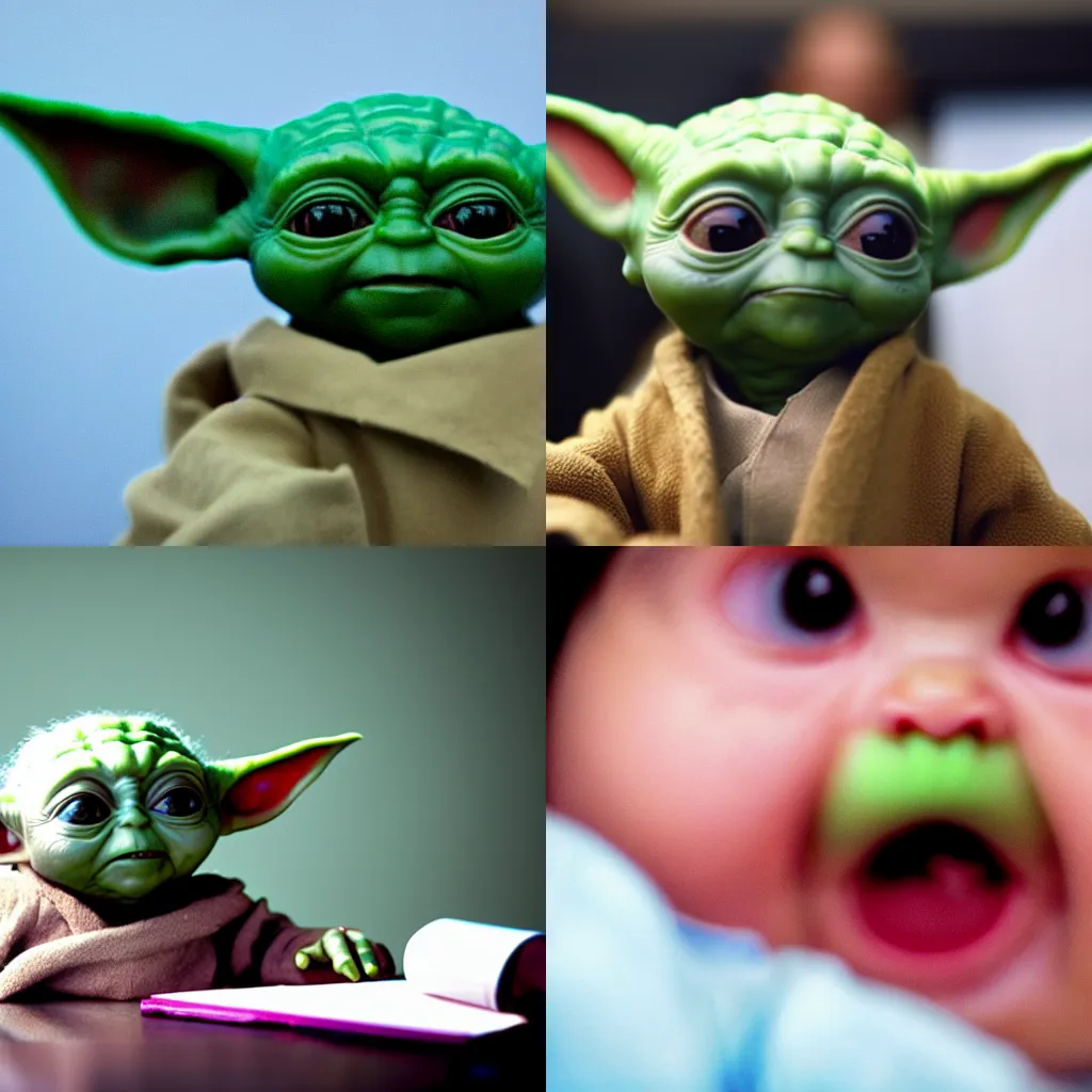 Prompt: Photograph of a confused Baby Yoda in a Calculus class, frontal view, bokeh, close up