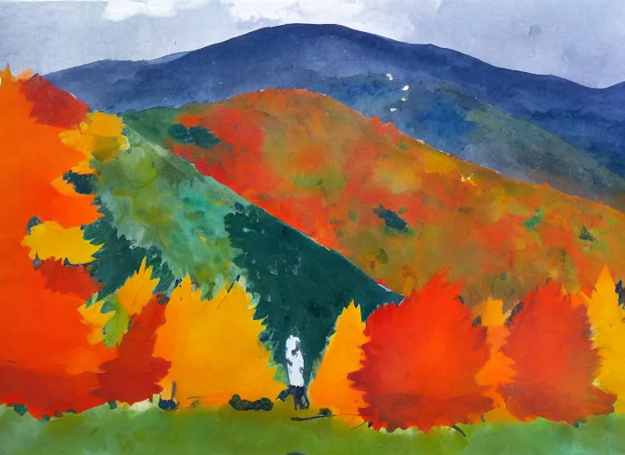 Image similar to portrait of friends hiking franconia ridge new hampshire in autumn, artwork by etel adnan