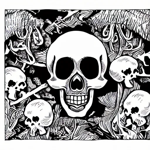 Image similar to skull and mushrooms, bold stylized block print, 4k, black ink on white paper