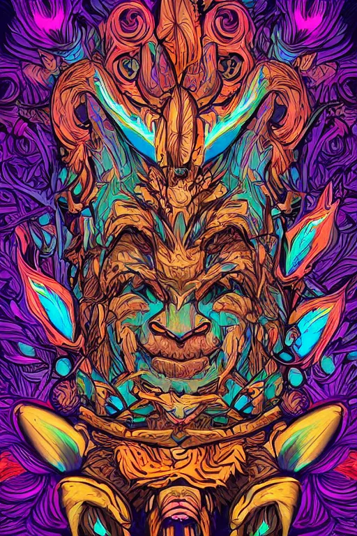 Image similar to animal mask totem roots tribal feather gemstone plant wood rock shaman vodoo video game vector illustration vivid multicolor borderlands comics by josan gonzales and dan mumford radiating a glowing aura