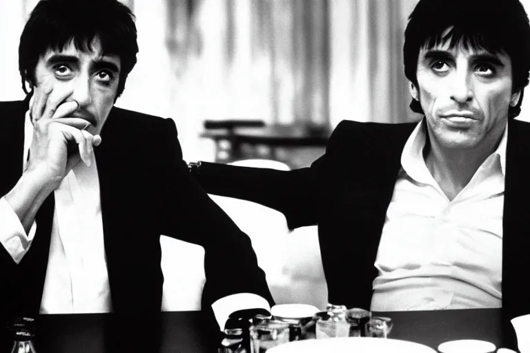 Prompt: medium shot. tony montana from movie scarface 1 9 8 3 sitting at a table with package of cocaine. al pacino. perfect symmetric face, coherent eyes, fine details, 4 k, ron cobb. cinestill