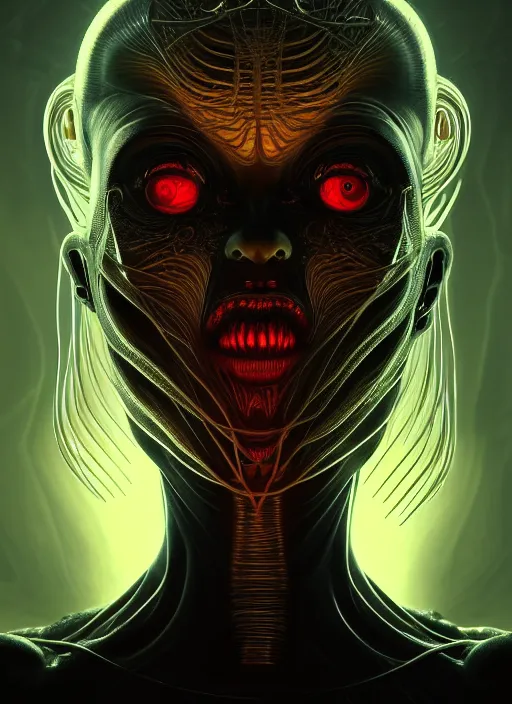 Image similar to symmetry!! portrait of grotesque alien, sci - fi horror, glowing lights!!, intricate, elegant, dark design, highly detailed, dark lighting, digital art, digital painting, artstation, smooth, sharp focus, illustration, art by artgerm and h r giger and greg rutkowski and alphonse mucha, 8 k