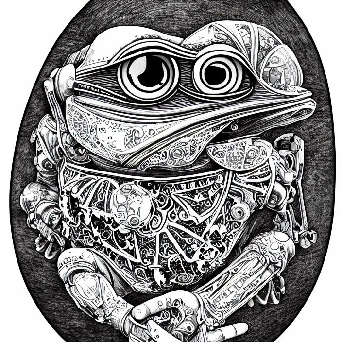 Prompt: pepe the frog, ultra realistic illustration of a retro futuristic female cyborg punk art nouveau filgree scrollwork, masterpiece, intricate, highly detailed, sharp