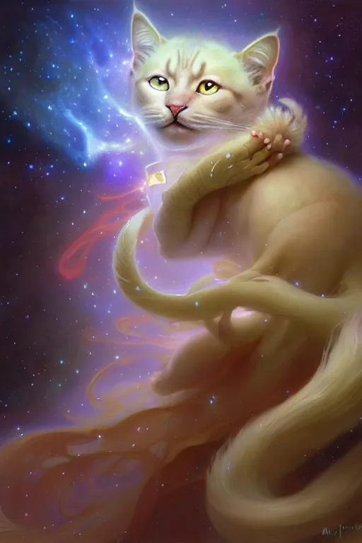 Image similar to Full view realistic ethereal stunning Celestial Cat of cosmic nebula with Pixar fur, 4k digital painting masterpiece by Mandy Jurgens and Ruan Jia, ornate Iconography background in the style of Alphonse Mucha, tarot card, amazing, magnificent, mystical, Hyperdetailed, award winning art, Ross Tran, wlop, Artgerm, Craig Mullins, detailed and realistic, soft lighting, intricate details, realistic, full view, Artstation, CGsociety