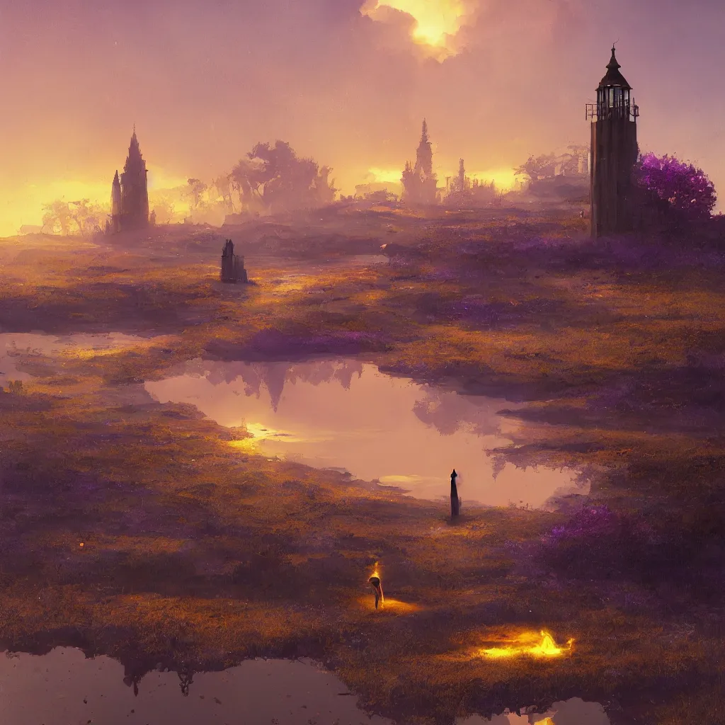 Image similar to lake filed with molten gold, volume lighting, cat on for ground and purple tower on back ground concept art, by greg rutkowski