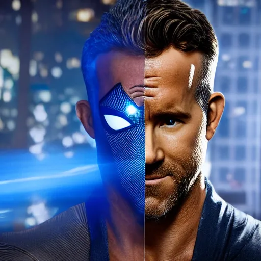 Prompt: ryan reynolds as a black and blue suit spider - man, cinematic, volumetric lighting, f 8 aperture, cinematic eastman 5 3 8 4 film, photorealistic