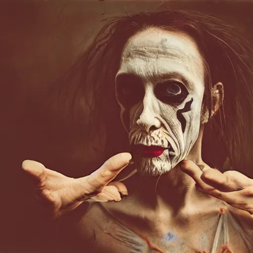 Image similar to realistic expired kodak film photograph of strange butoh dancer with creature, hyperrealism, hypermaximalism, photorealistic, detailed, atmospheric, 8 k, award winning photography, cinematic