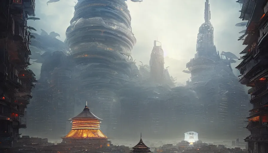 Image similar to a giant alien ufo high tech spaceship eerily hovering on ancient shanghai city landscape with beautiful temples by greg rutkowski, artgerm, ross tran, magali villeneuve, intricate, time travel theme, audince in awe, spectacle, audience sorrounding, award winning, octane render, masterpiece, 8 k, beautiful