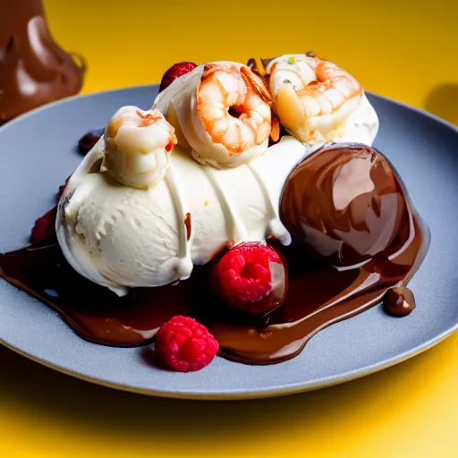 Prompt: dslr food photograph of an ice cream banana split with shrimps on top, banana, chocolate sauce, 8 5 mm f 1. 4