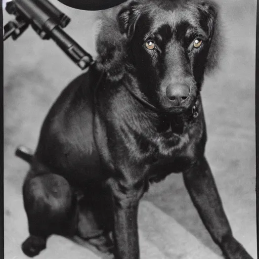 Prompt: real printed 1 9 4 0 war photography of a black dog with fluffy ears holding a gun at camera black and white heavy grain