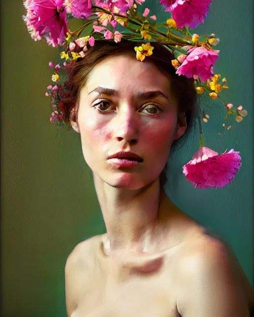 Image similar to portrait of a woman with flowers, may wilson, filonov, beautiful face, octane rendering