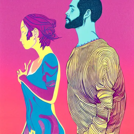 Prompt: Two lovers channeling third eye energy in the living room. They are feeling vulnerable in their love, hoping that their struggles will bring the best out of their love. There are other people in the room looking sinister and laughing at them. screen print by martine johanna and moebius, artstation