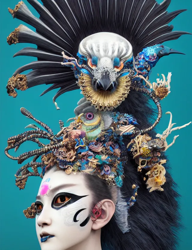 Image similar to 3 d coherent goddess close - up profile portrait punk with mohawk with ram skull. beautiful intricately detailed japanese crow kitsune mask and clasical japanese kimono. betta fish, jellyfish phoenix, bio luminescent, plasma, ice, water, wind, creature, artwork by tooth wu and wlop and beeple and greg rutkowski