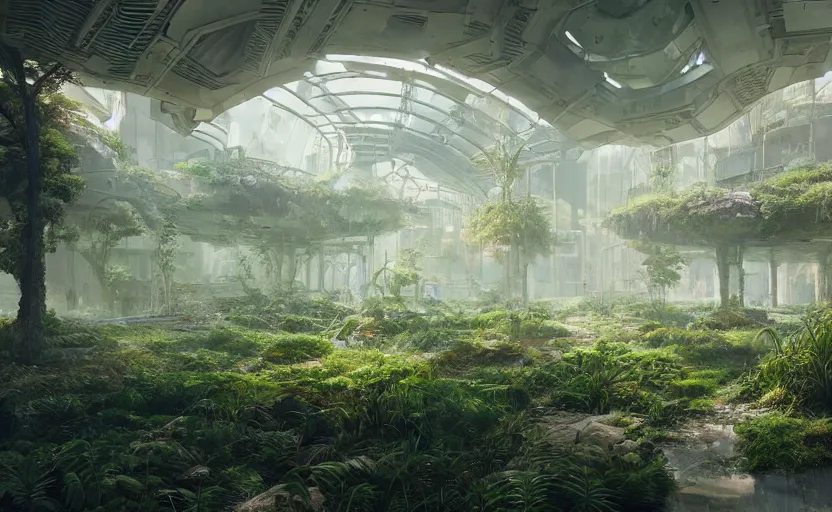 Interior of an abandoned utopian city, overgrown with | Stable 