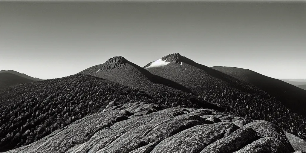 Prompt: landscape photograph of Franconia ridge, mount lafayette, mount lincoln, mount haystack, photography by ansel adams