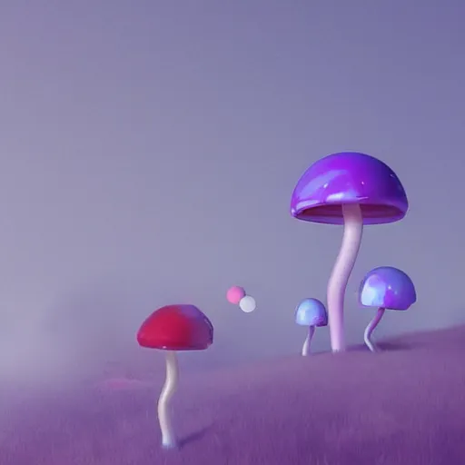 Prompt: une étrange valllée remplie de champignons et de brume, by beeple, trending on artstation