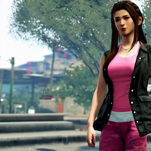 Prompt: Screenshot of Aerith Gainsborough in the game GTA V, highly detailed