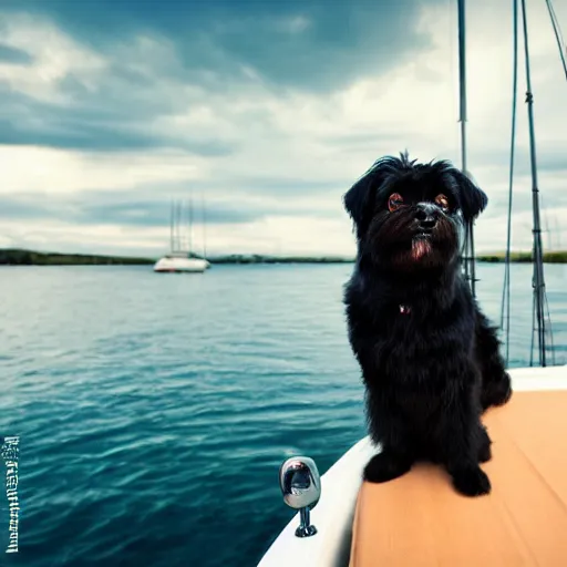 Image similar to black maltese dog on a sailboat, realistic photo, threatening clouds