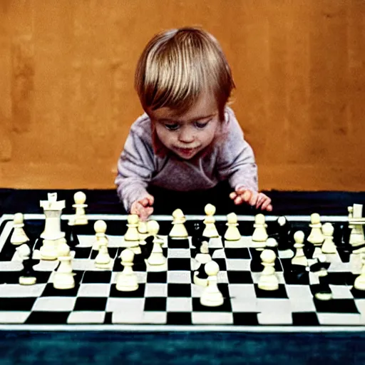 Image similar to portrait photo of a toddler looking at a chess board, confused, by annie liebovitz,